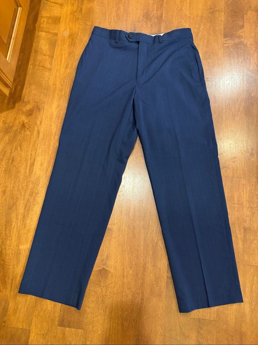 Ralph Ralph Lauren Mens 32x30 Navy Blue Plaid Dress Pants Stretch Flat Front